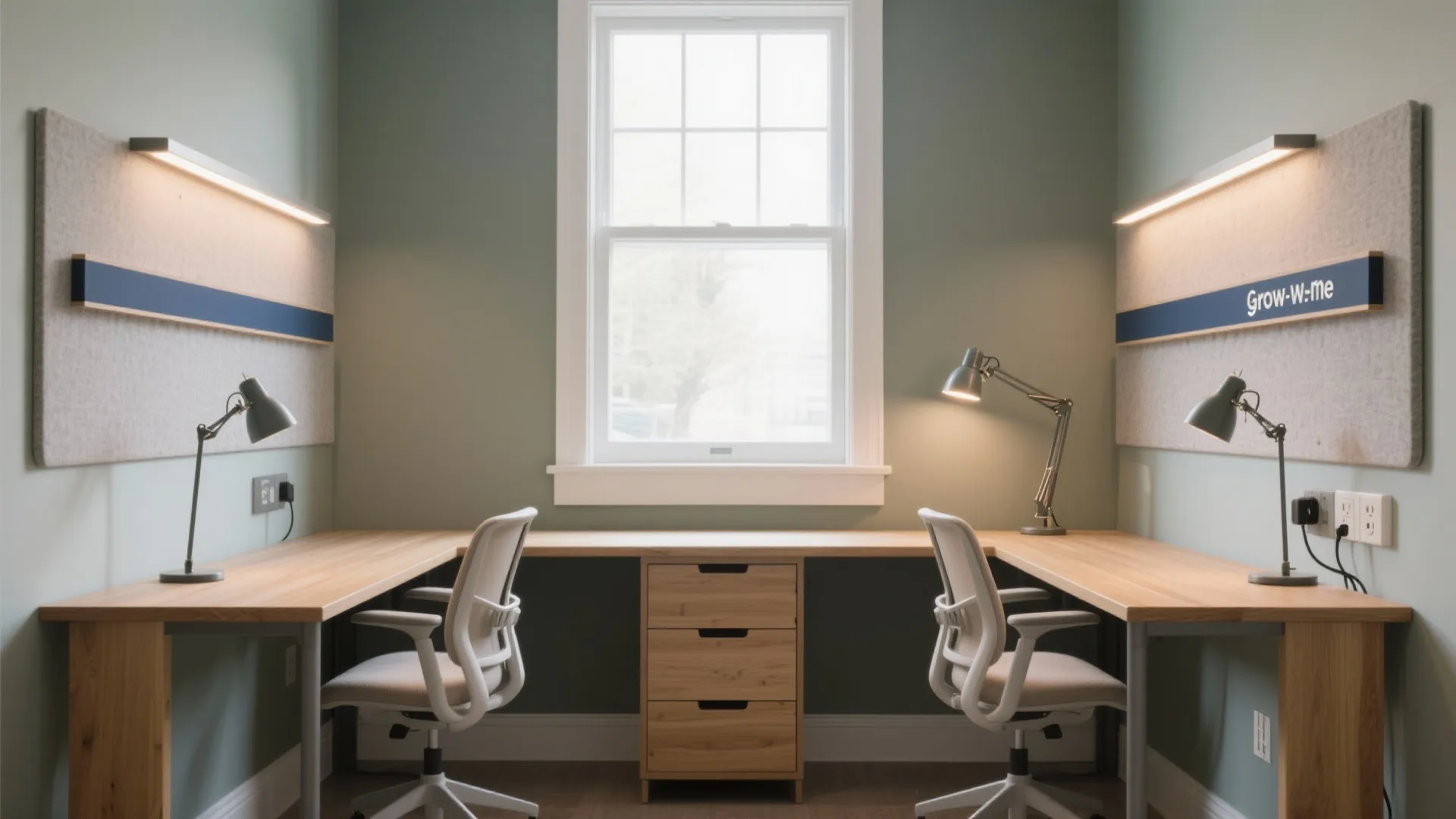 Symmetrical study room with two wooden desks, white office chairs, desk lamps, and central window