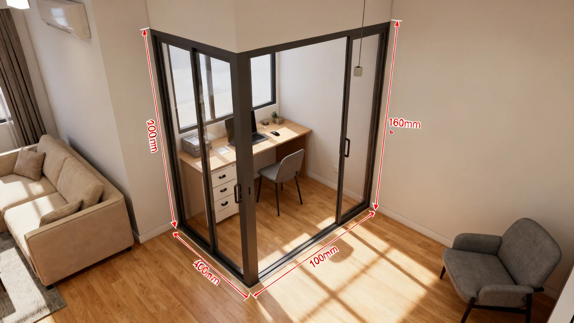 Top-down plan showing sliding glass study nook, desk placement, track clearance, and clear circulation paths.