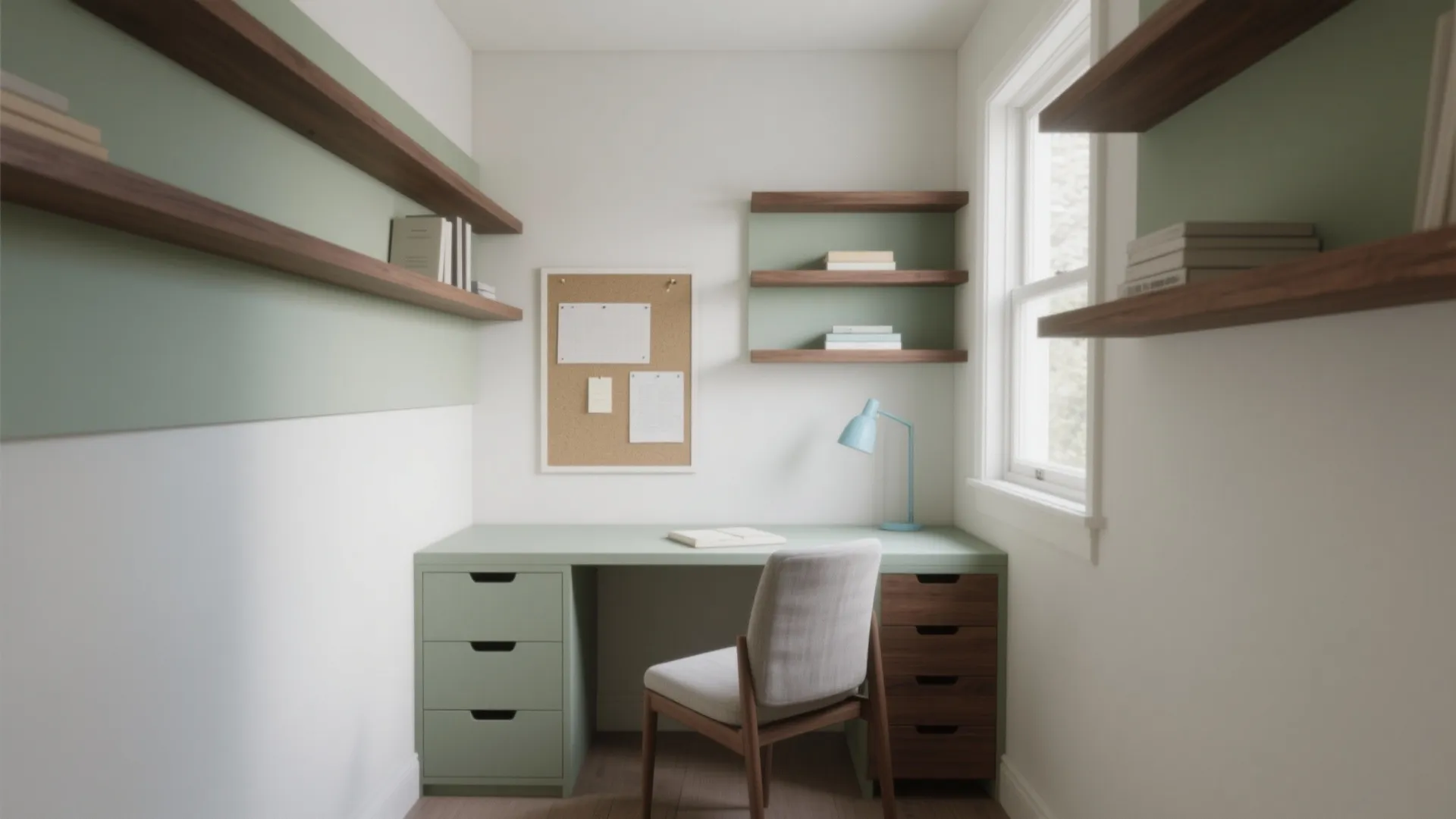 Small home office with green desk wood shelves blue lamp and chair near a window