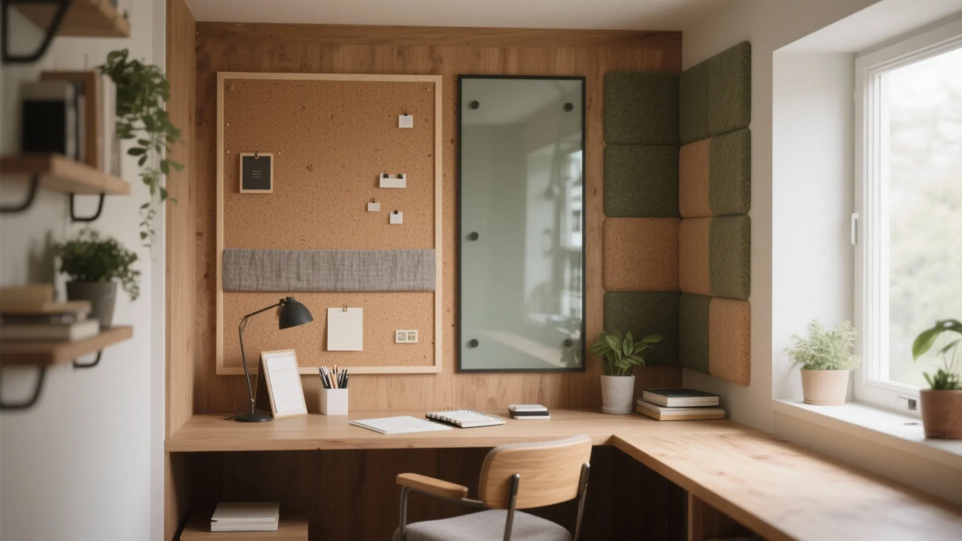 Wooden corner study desk with cork board wall panel and chair near a bright window