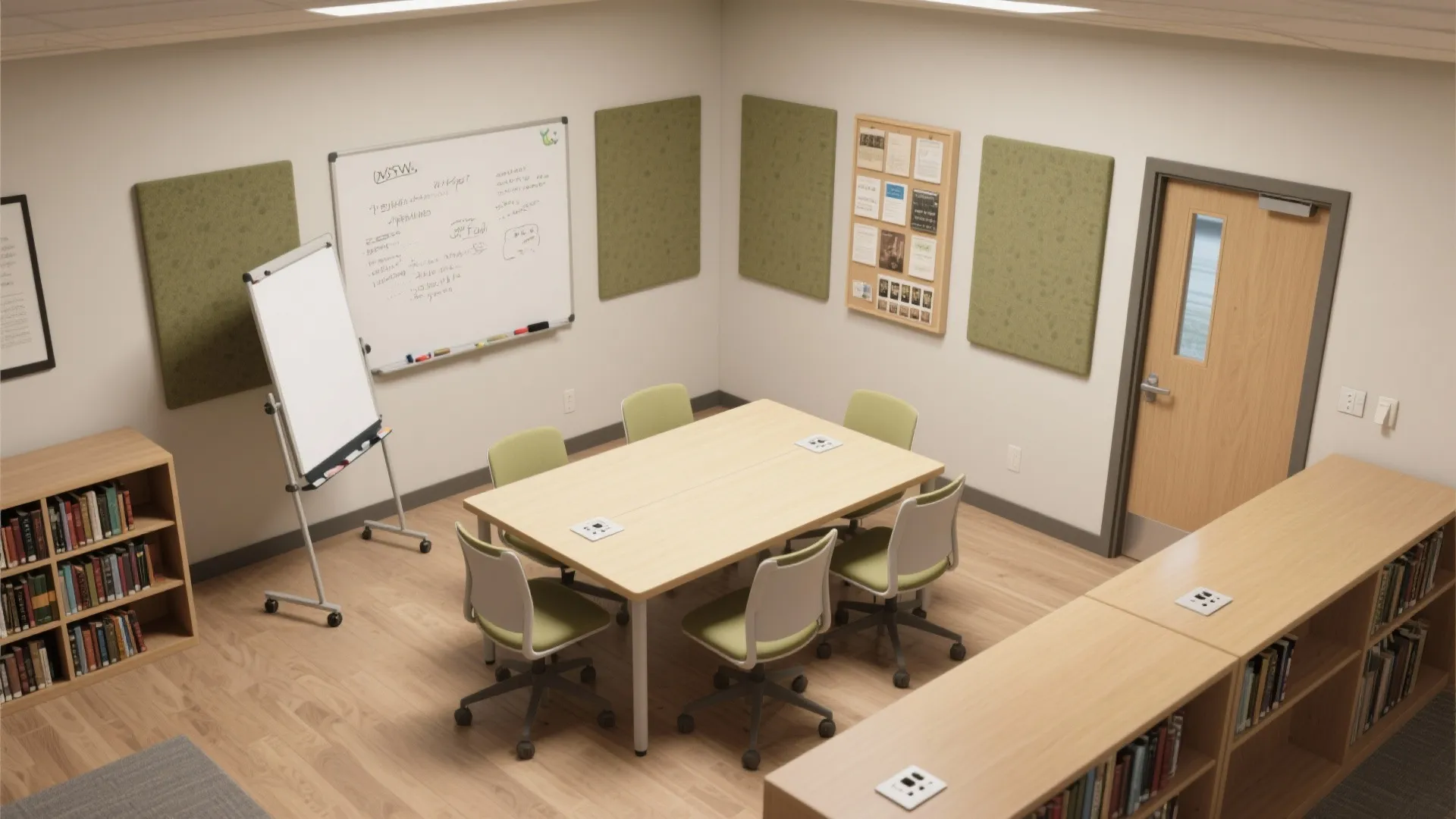 Top-down plan of an Andruss Library study room showing zones for seating, writeable wall, display, acoustic panels, and power.