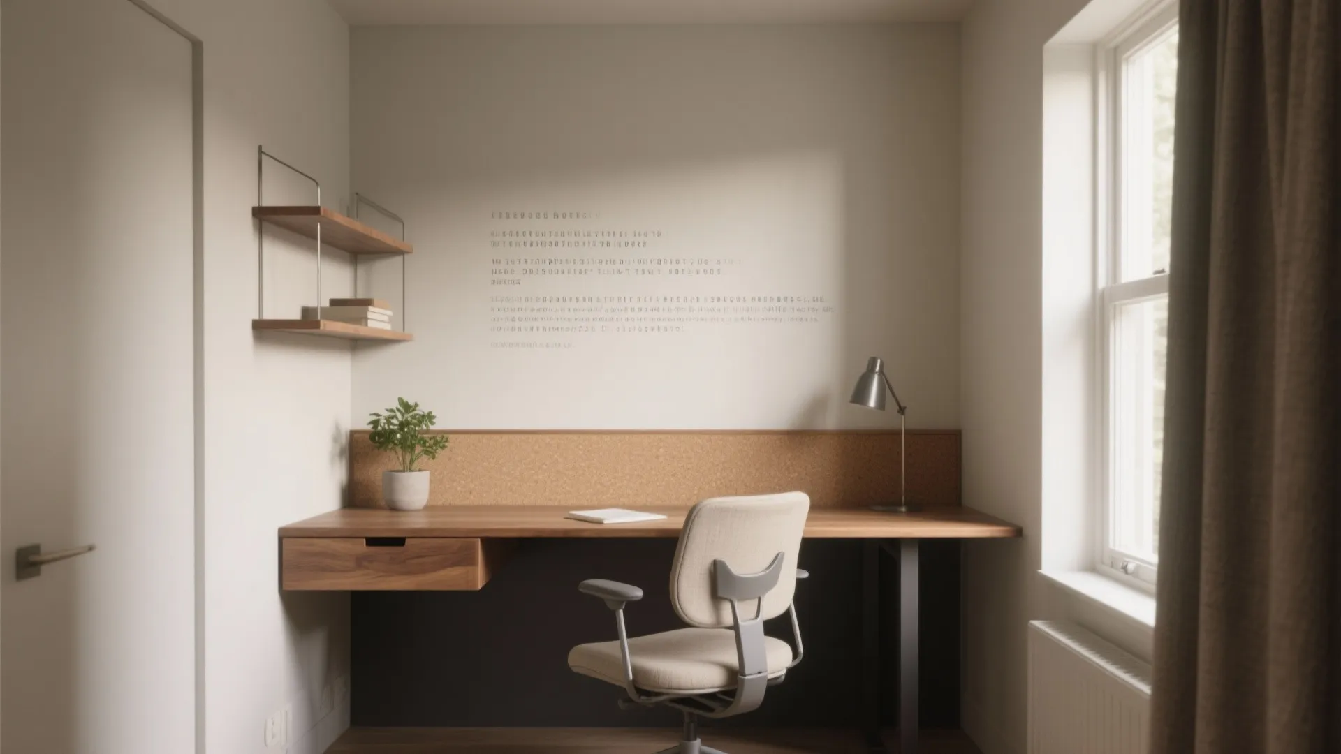 Modern home office with wooden desk beige chair small green plant wall shelves and natural light