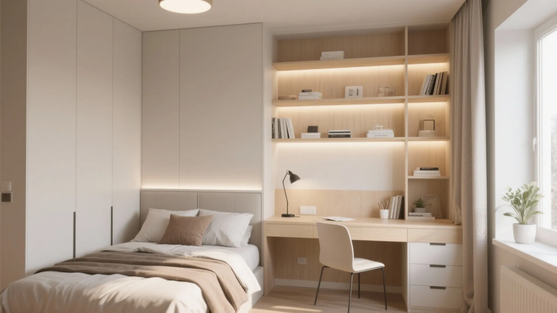 Modern bedroom featuring white bed integrated with wooden desk and bookshelves including a white desk chair
