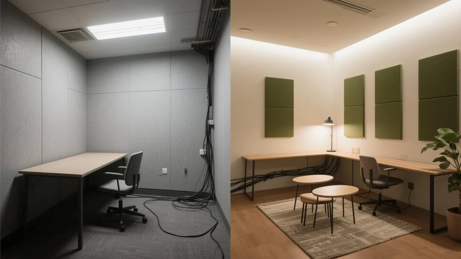 Before and after comparison of a study room renovation with new furniture and wall panels