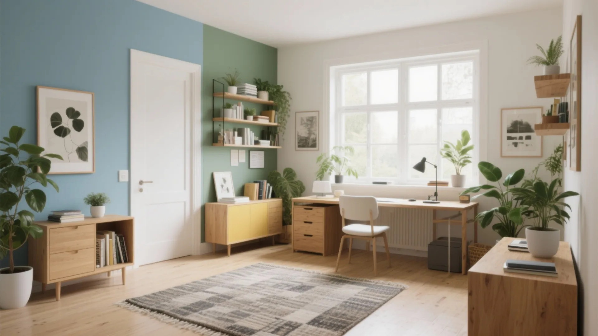 Modern home office with blue and green walls wooden desk white chair and checked rug