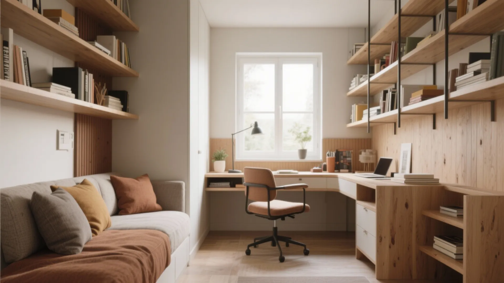 Cozy home office with wooden desk, orange chair, wall shelves, window, and a grey sofa