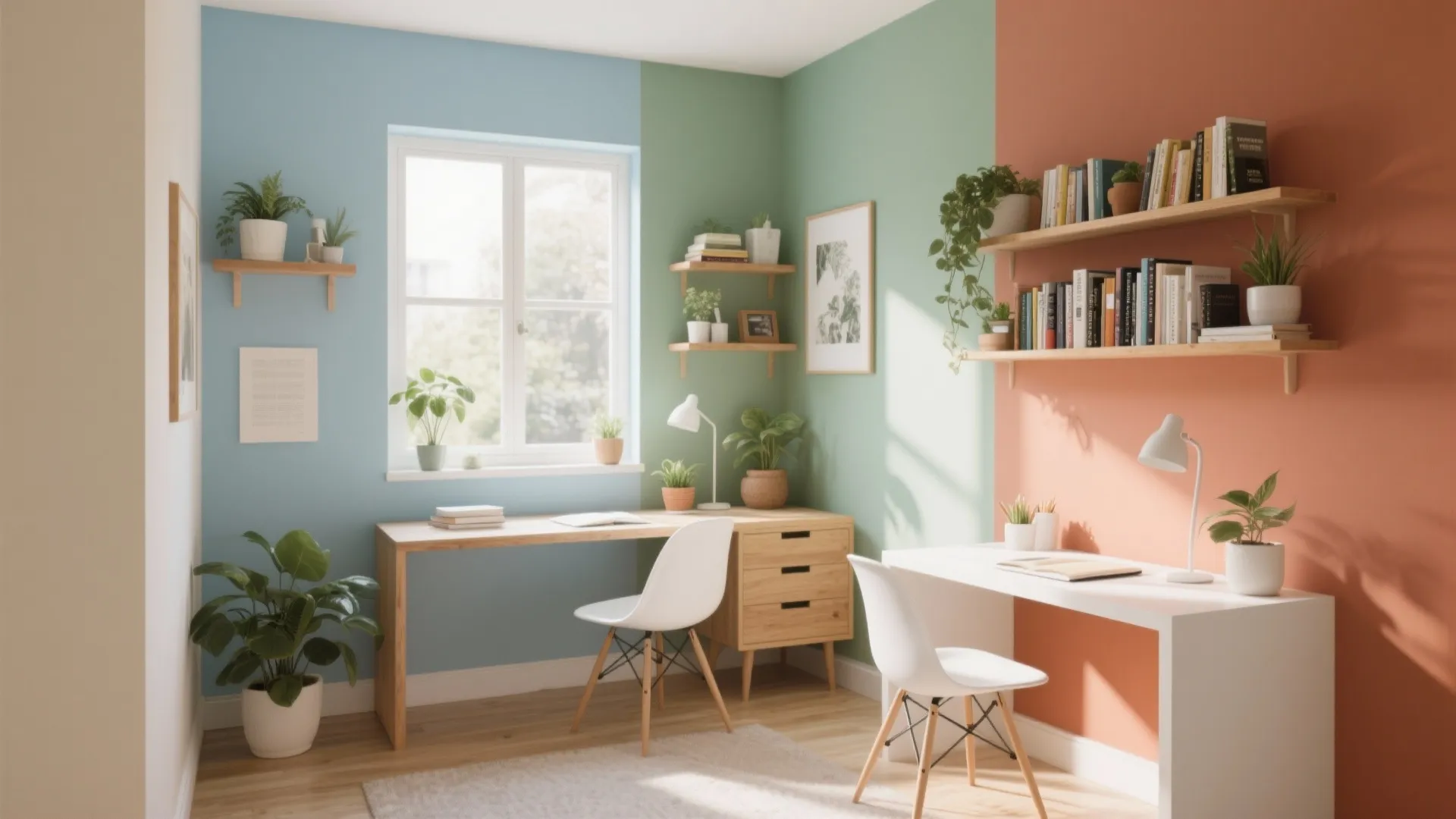 Bright study room with colorful walls wooden desks white chairs green plants and wall shelves