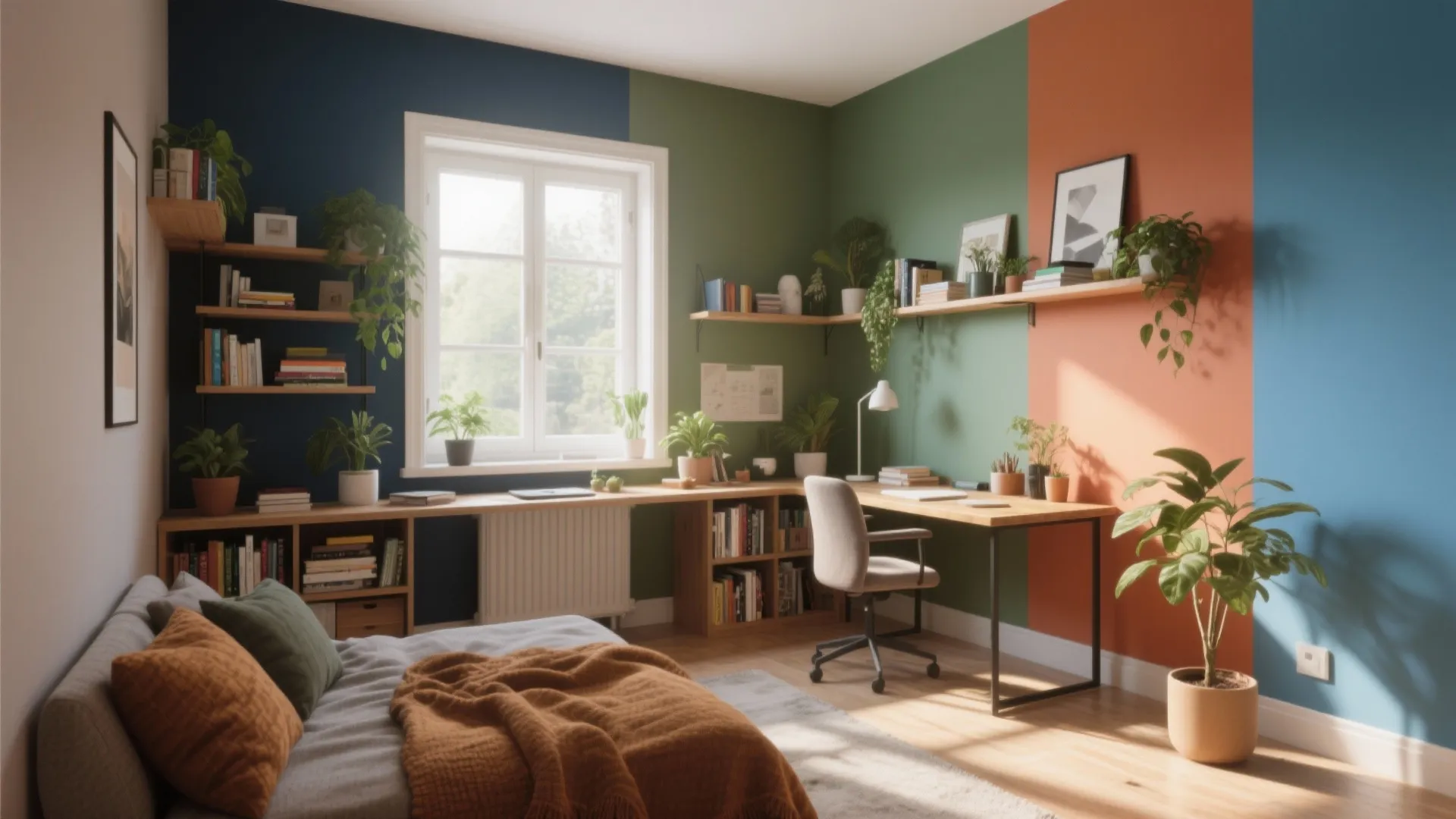 Modern colorful study room featuring green blue and orange wall paint with wooden desk and shelves