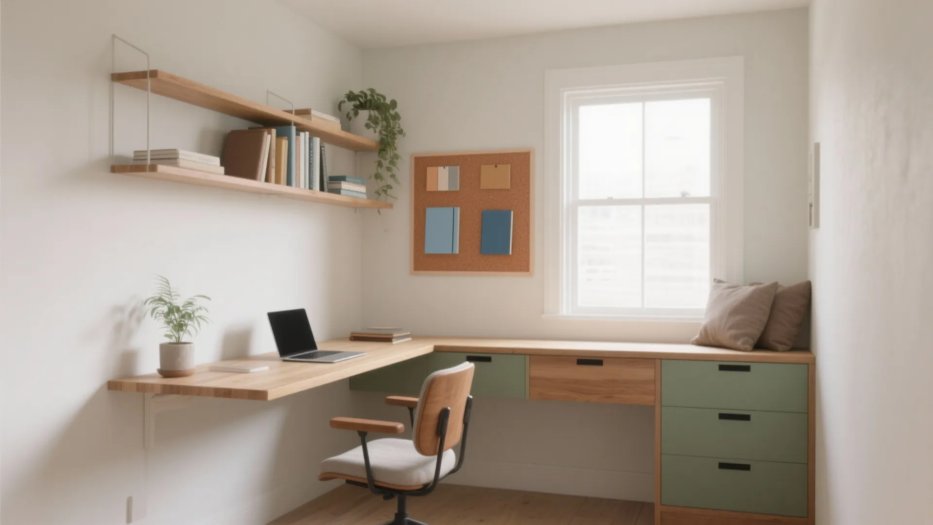 Study room with long wooden desk laptop corkboard green drawers white window and wooden shelves