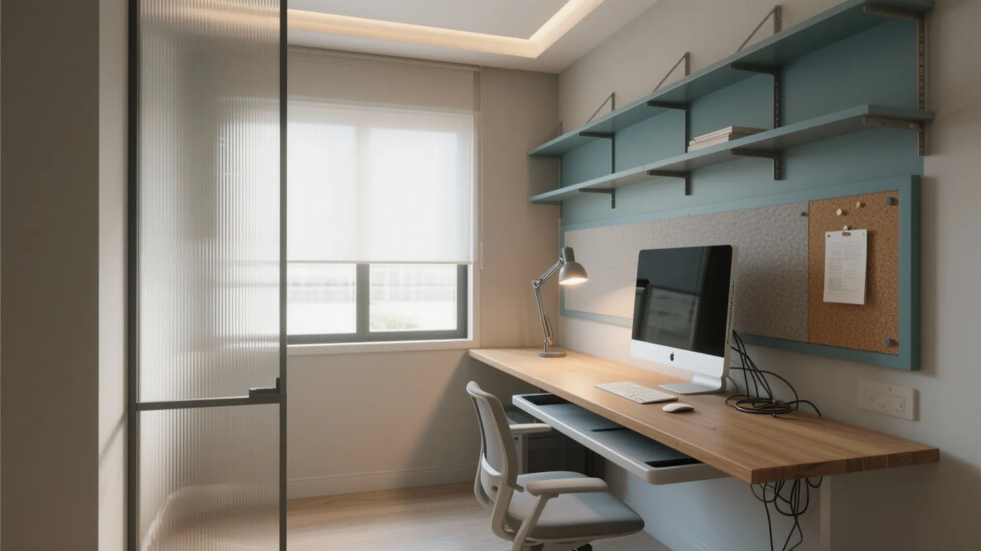 Modern home office with wooden desk computer monitor desk lamp grey chair blue wall shelves