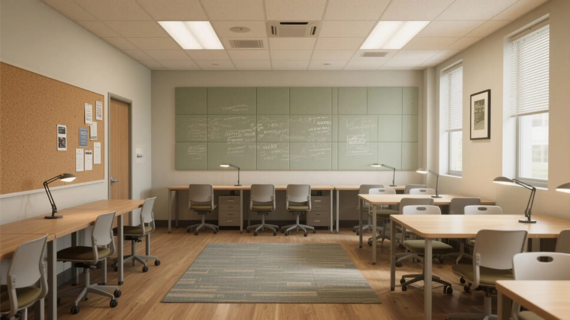 Modern classroom with wooden desks and grey chairs plus a green wall panel and rug