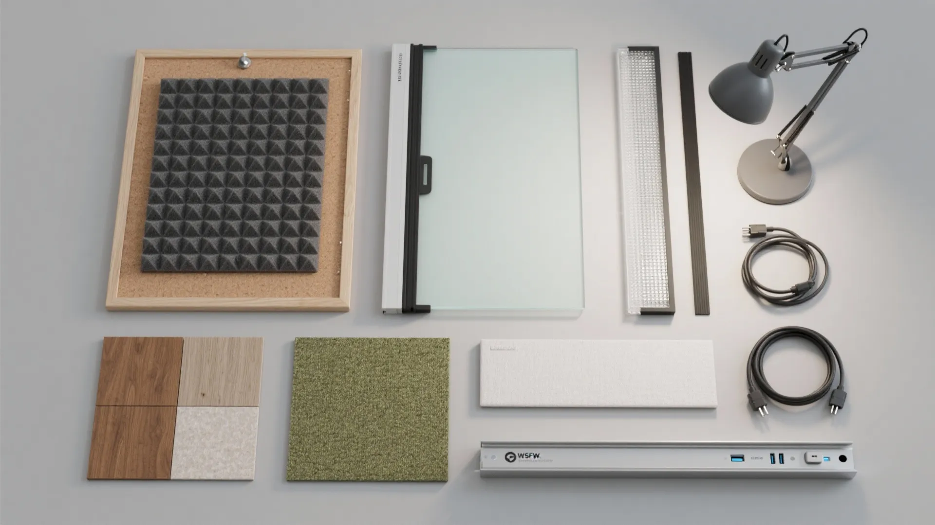 Flat lay of acoustic felt, seals, glass sample, diffuser, carpet tile, laminate, upholstery, and a USB-C power rail.