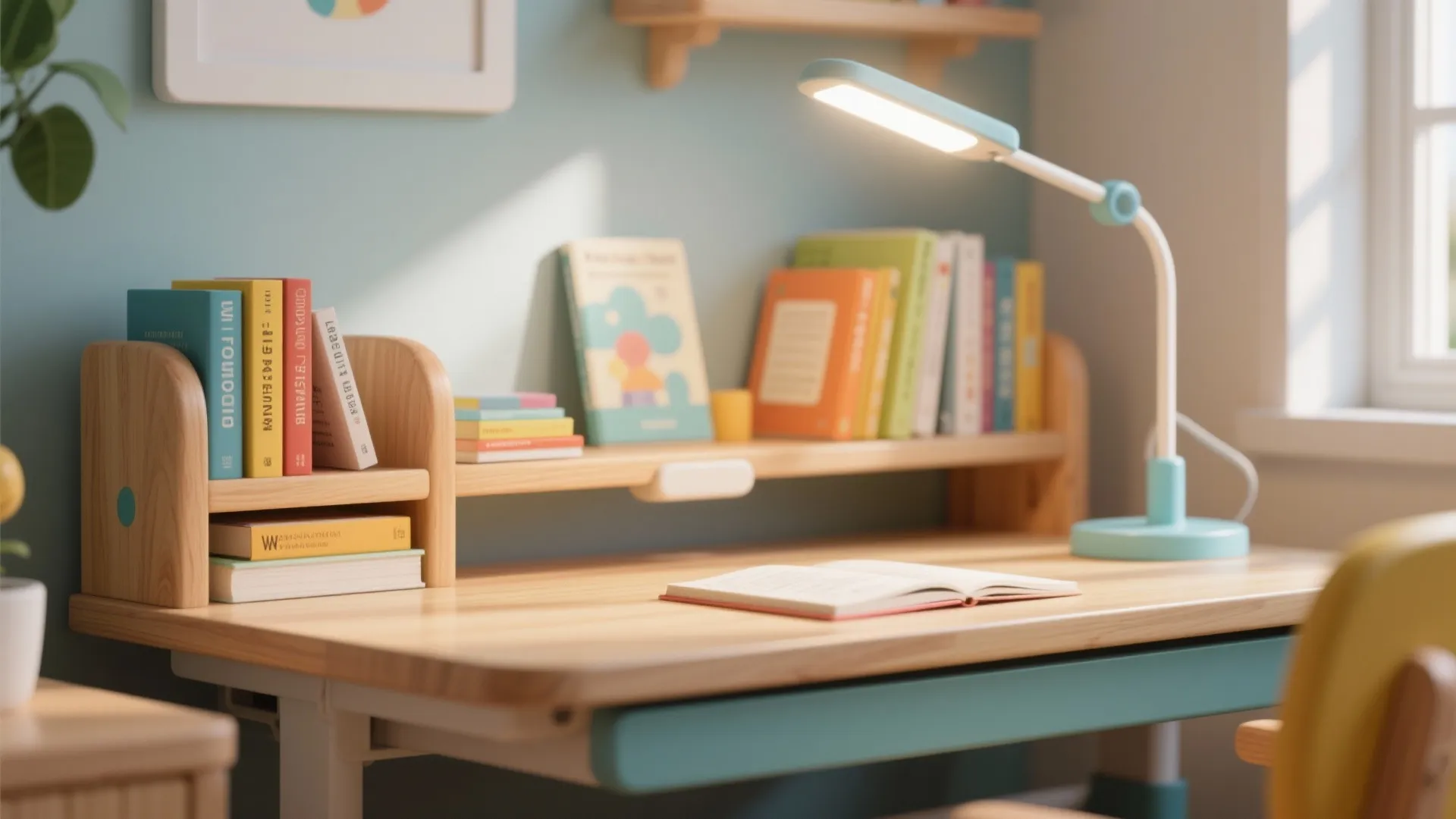Modern blue desk light shining on an open book sitting on a wooden study table
