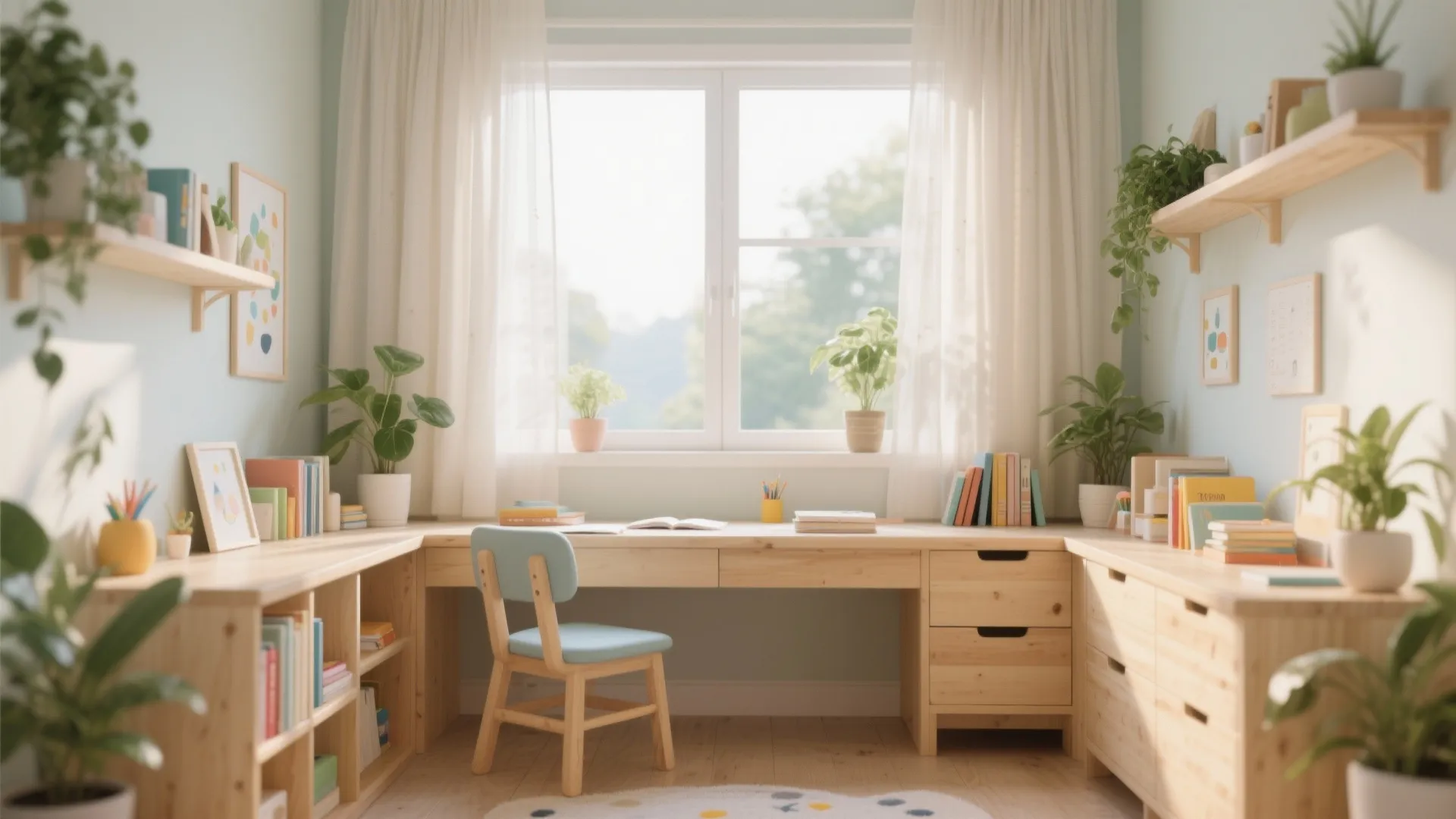 Bright home office with wooden desk blue chair large window green plants and natural morning sunlight