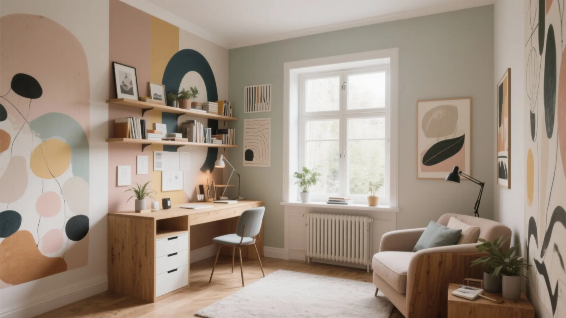Light colored study room with wooden desk shelves beige sofa and colorful wall paint shapes