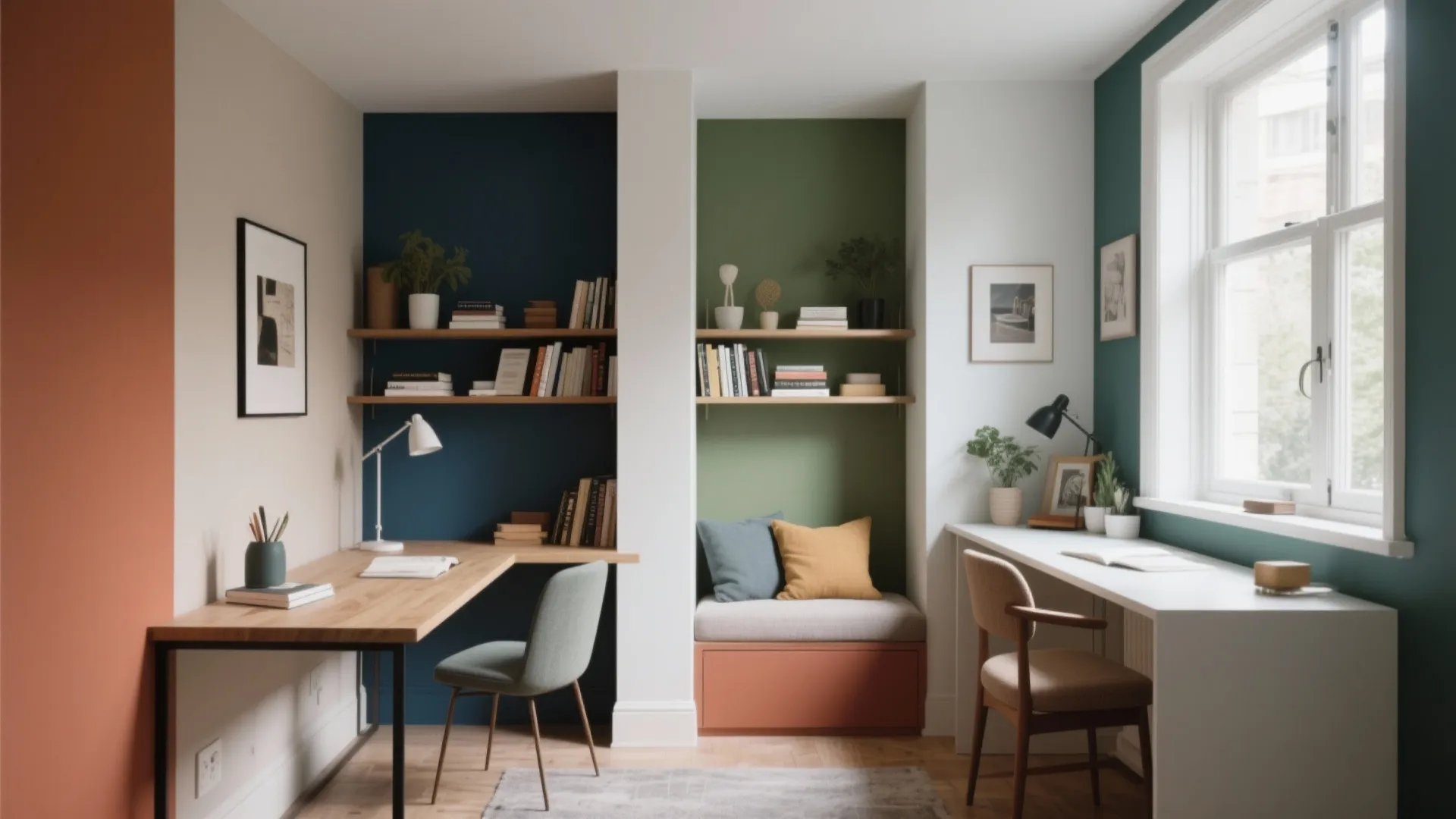 Interior room design with multi colored walls, two desks, bookshelf, seating nook, and natural light