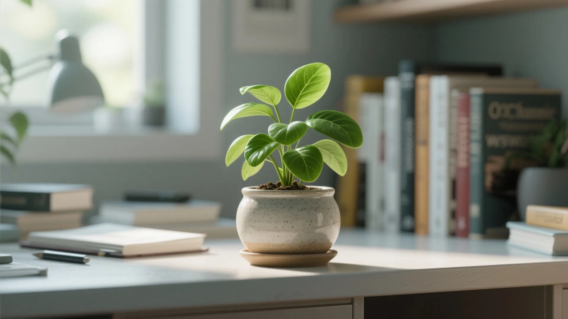 Small green plant in a white pot on a desk with books and sunlight coming