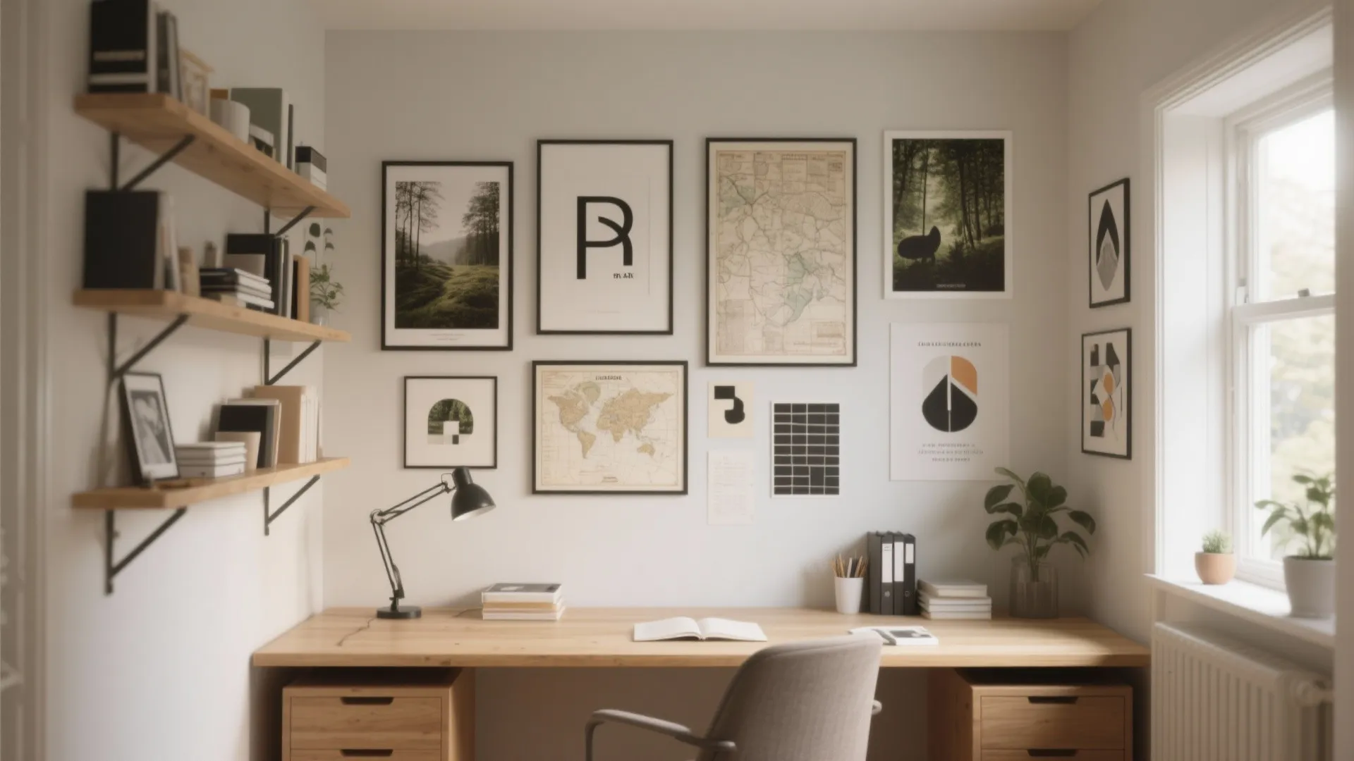 Modern study room with wooden desk, black desk lamp, wall shelves, and various framed art