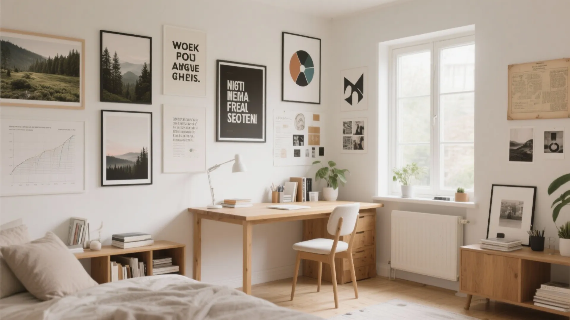 Bright home office with wooden desk white chair and wall decorated with many framed posters