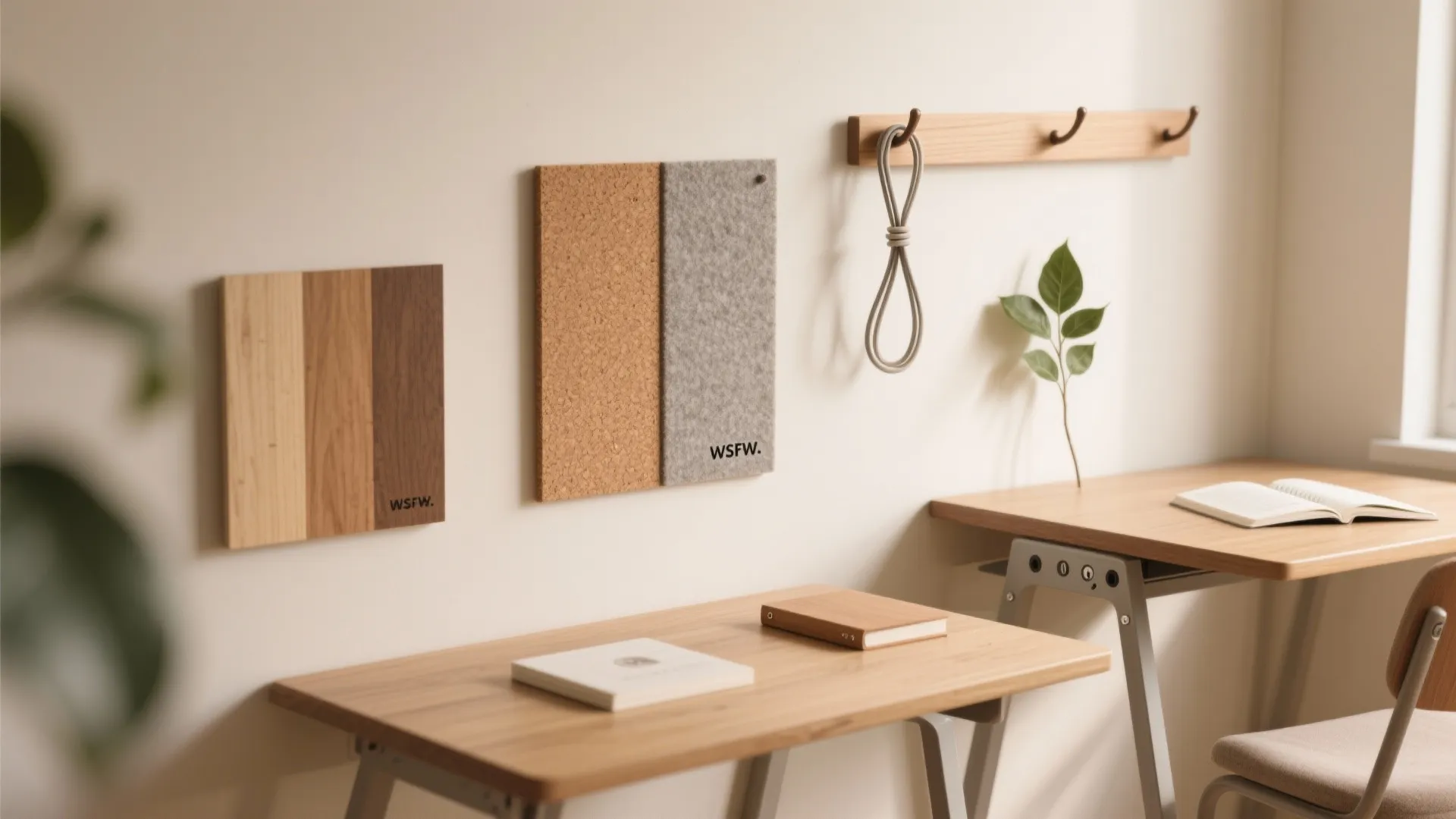 Minimalist study room with two wooden desks, cork wall boards, white books, and one plant