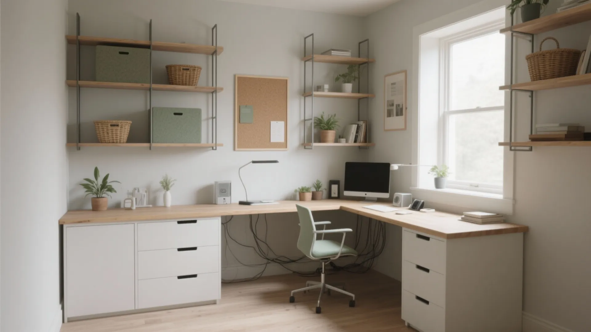 Bright study room with white cabinets corner desk wall shelves plants and a cork board
