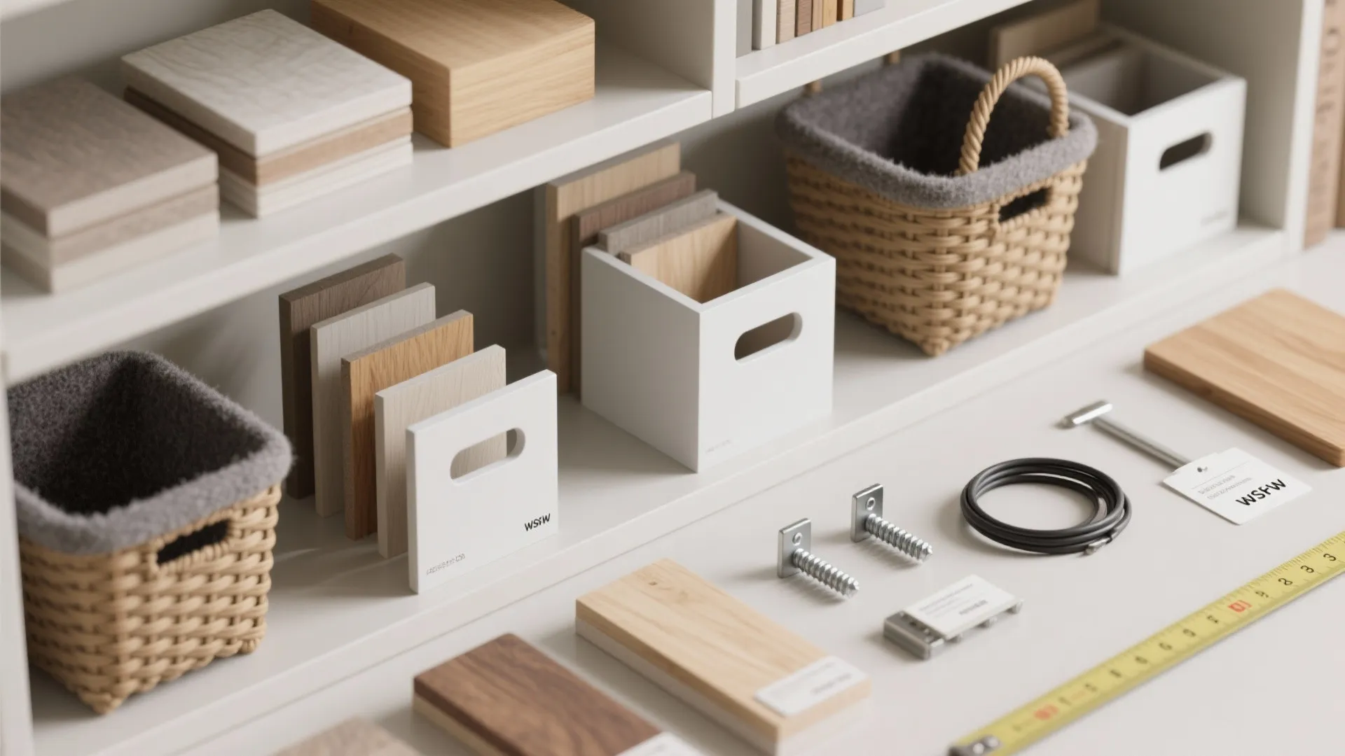 Interior design materials including wood samples woven baskets screws and measuring tape on a white desk