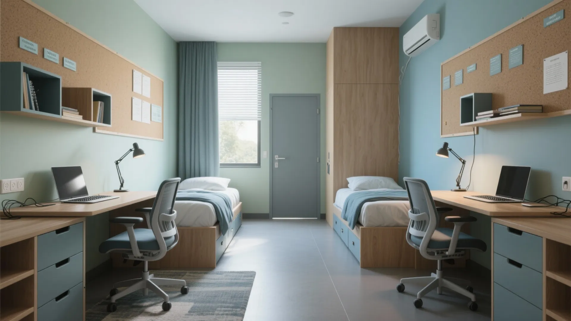 Modern shared bedroom with two single beds two wooden desks two chairs and blue wall panels