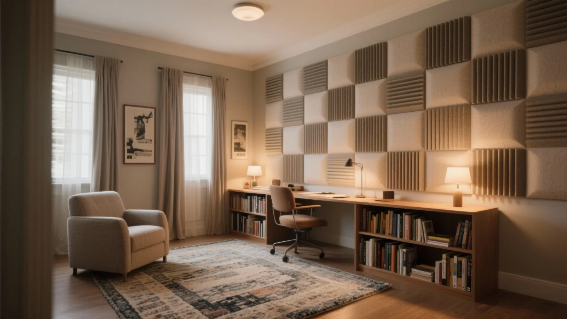 Home office with soundproof wall panels long wooden desk grey armchair rug and warm lighting
