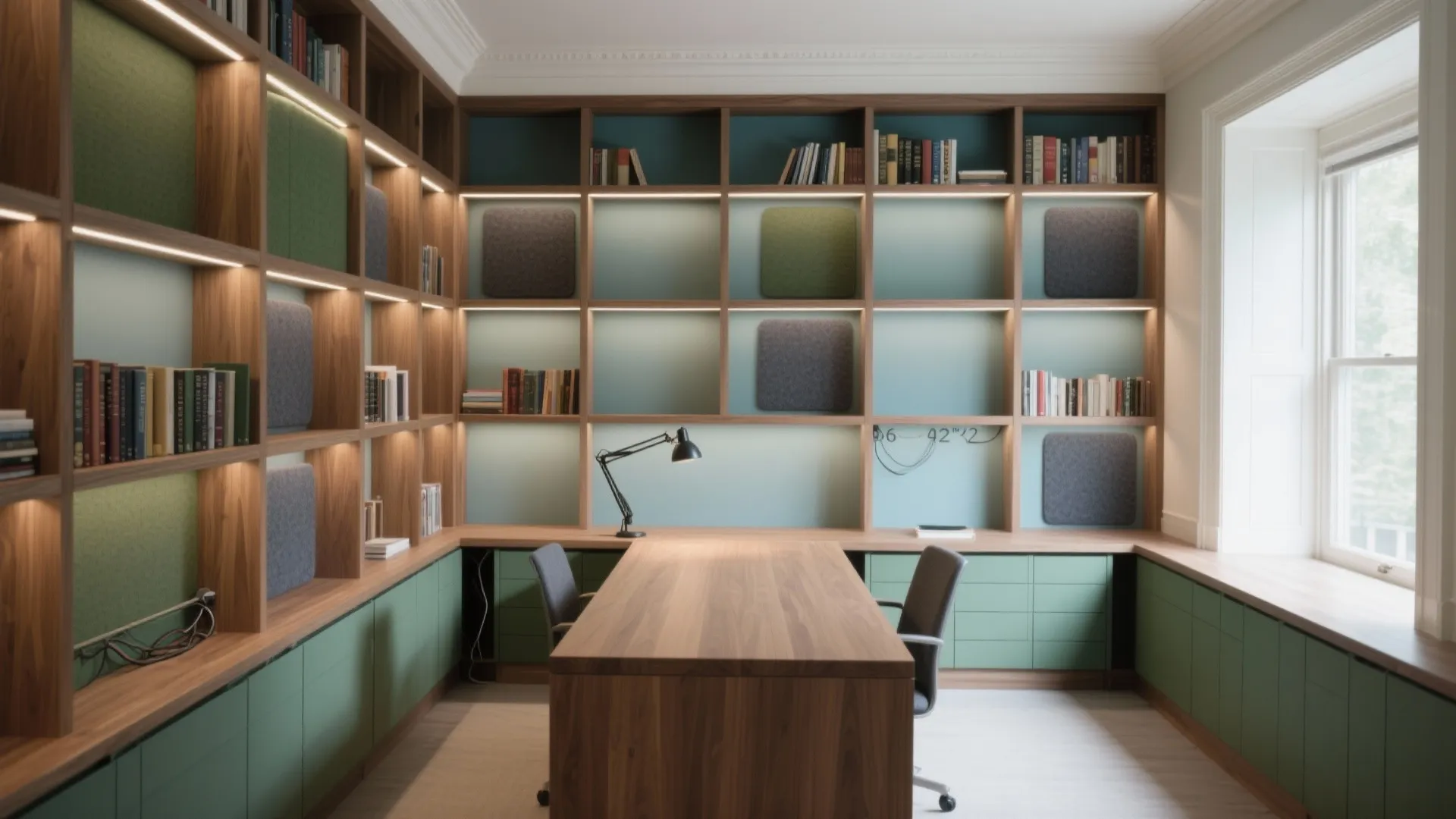 Modern study room with green cabinets, wooden bookshelf, large desk, and natural bright window light