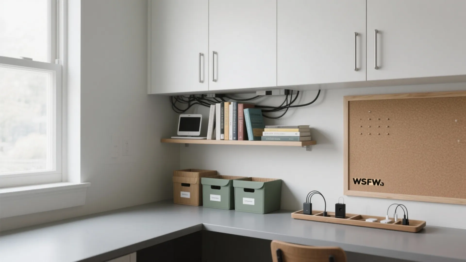 Workplace storage area with white upper cabinet wooden shelf books boxes and pin board on wall