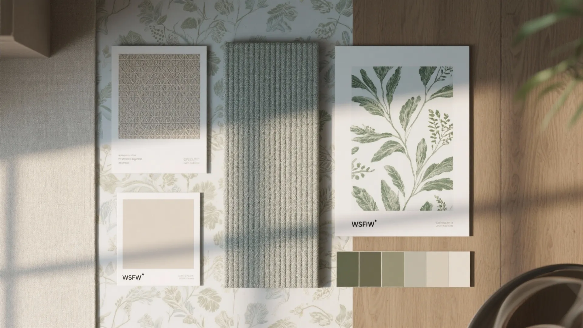 Interior design mood board with green plant prints fabric samples and earth tone color palette