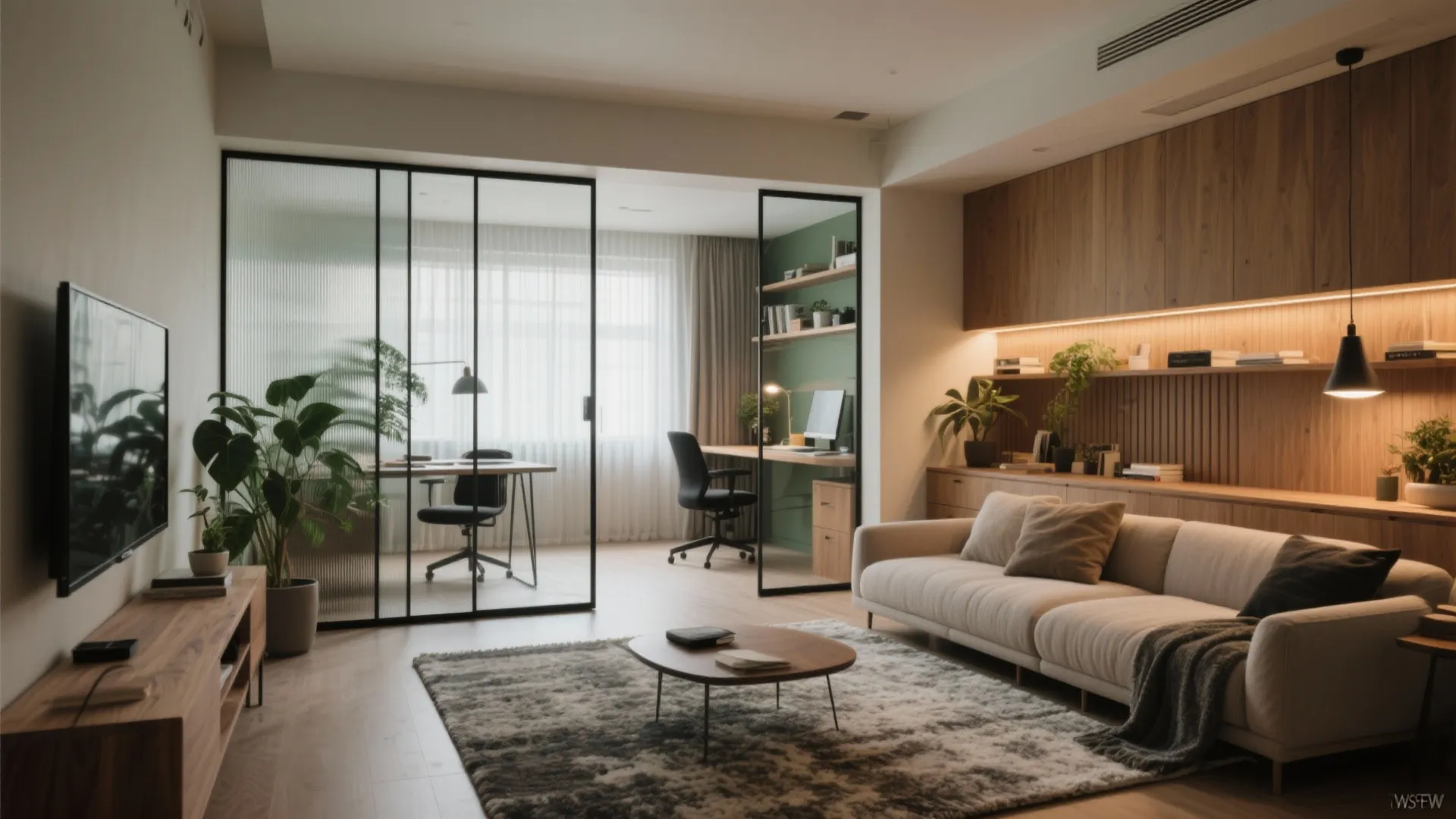 Modern living room with beige sofa and glass partition separating a home office with desk