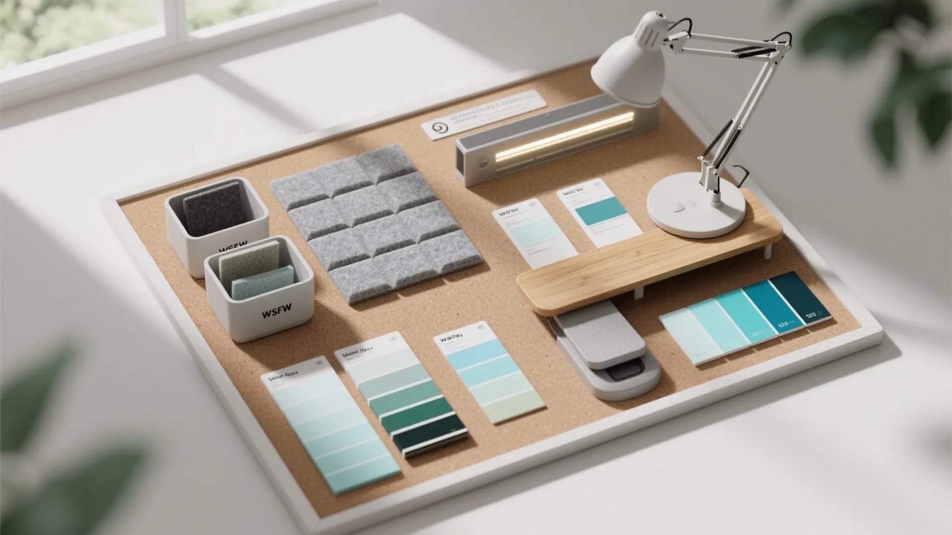 Cork board showing interior design samples with green color palettes grey fabric and white desk lamp