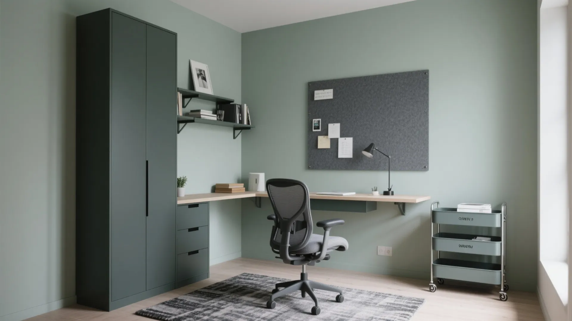 Modern home office featuring green walls, tall dark cabinet, wooden desk, black chair and rug