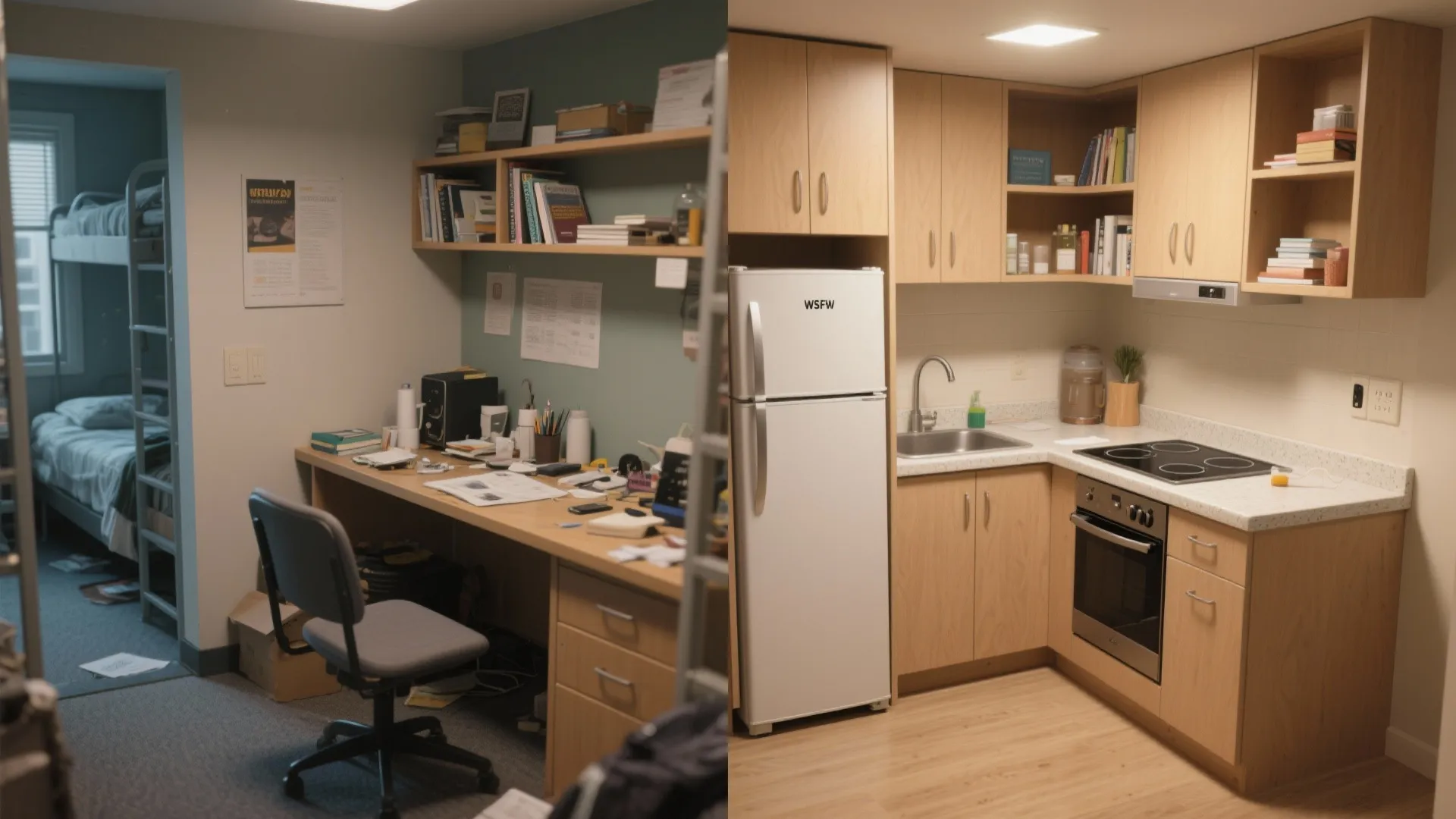 Before and after comparison of a messy study room converted into a clean modern kitchen