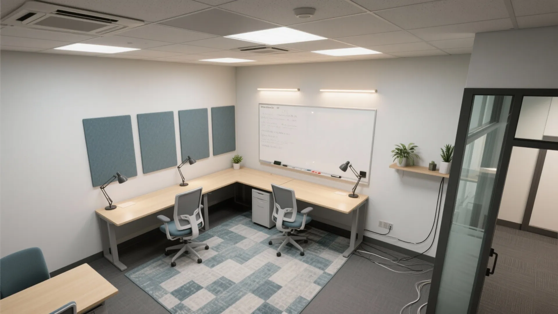 Top-down layout of a compact study room with L-shaped desks, acoustic panels, ceiling baffles, rug, and partial glass wall.
