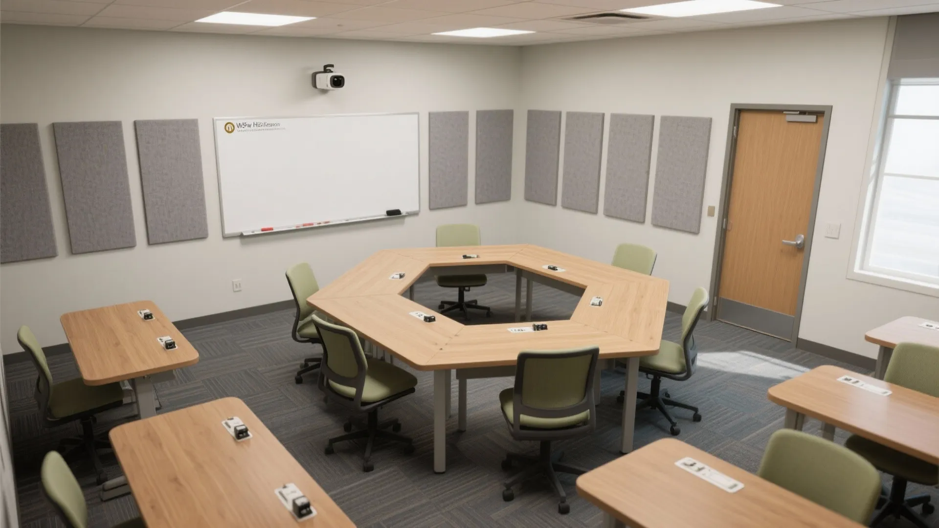 Modern classroom with hexagonal wooden table green chairs white board wall panels and a wood door