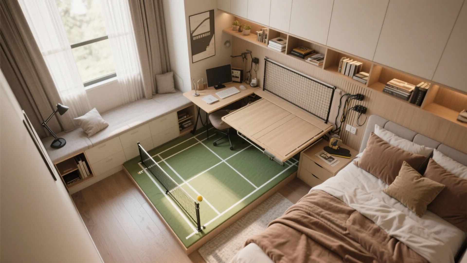 Multi functional room featuring a mini tennis court desk bed window seat and wood wall shelves