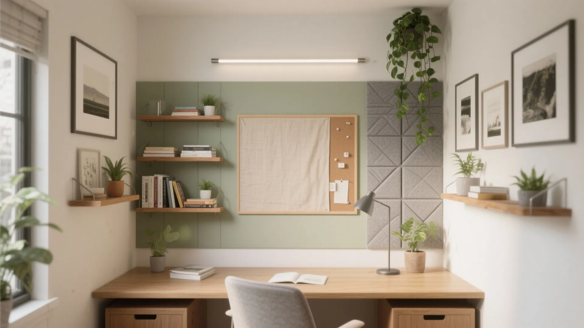 Modern home office desk with wooden table grey chair wall shelves and green wall panels