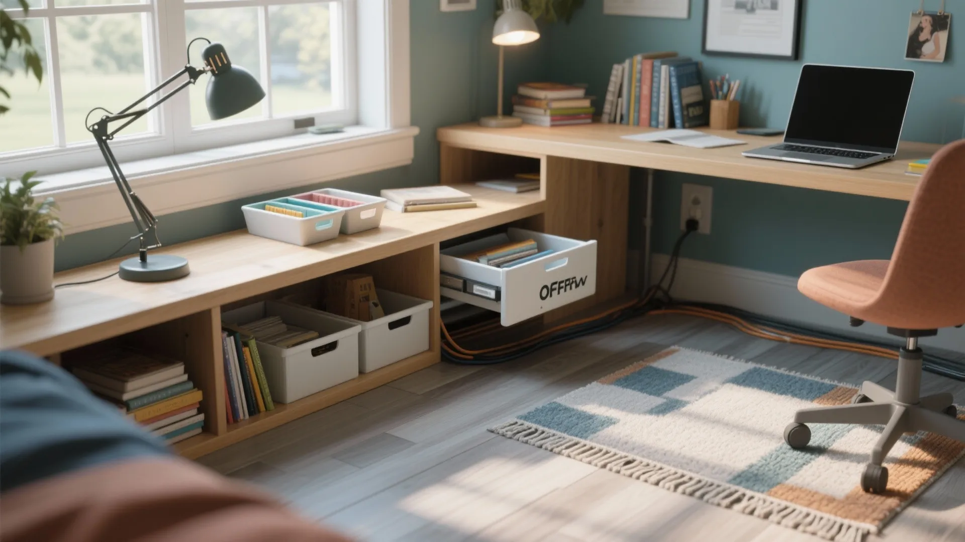 Home office desk by window with laptop lamp books and storage boxes on wooden shelves