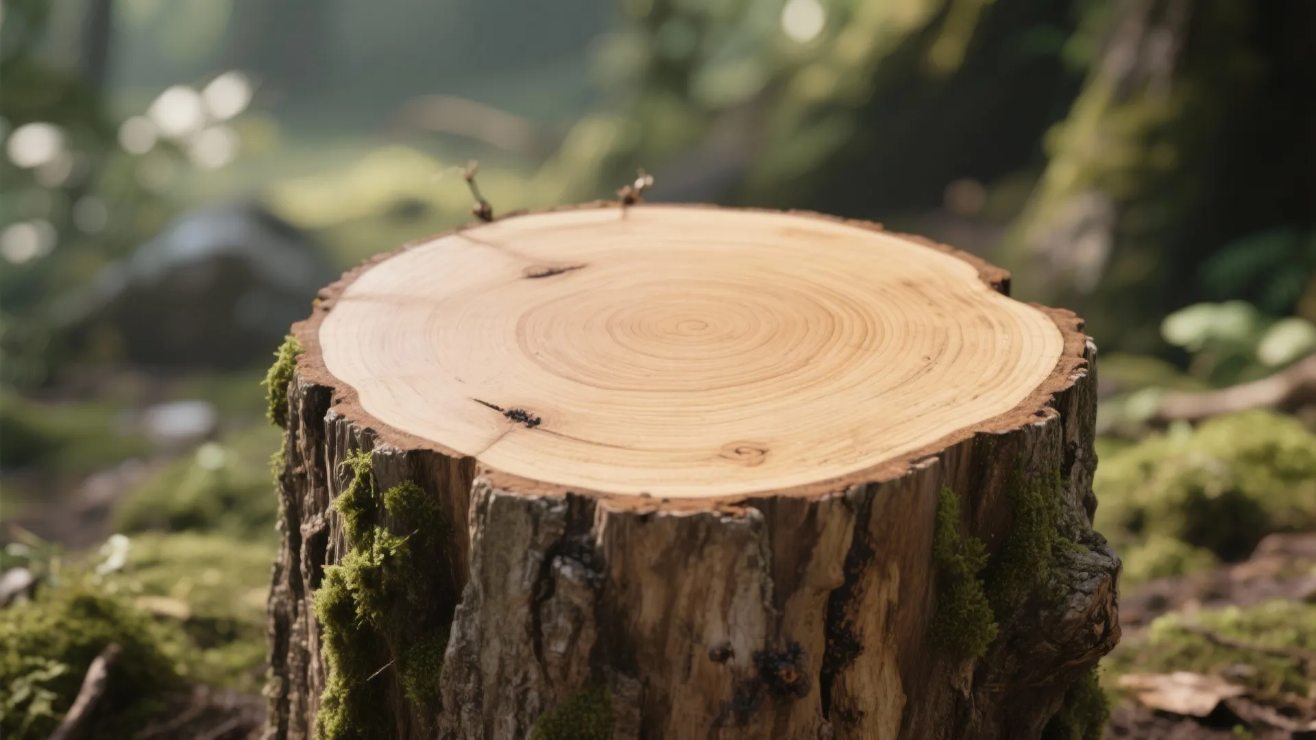 Sanded tree-stump side table showing natural wood grain and a smooth outdoor finish.