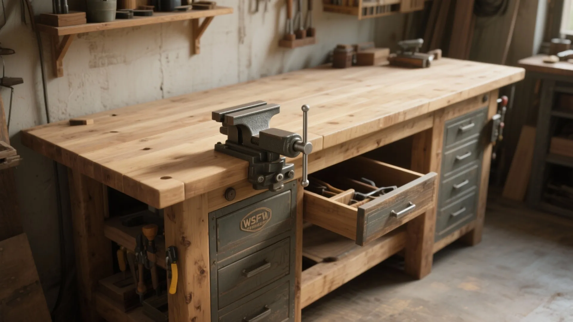 Sturdy wooden workbench with a metal vice and open drawer in a bright woodworking workshop