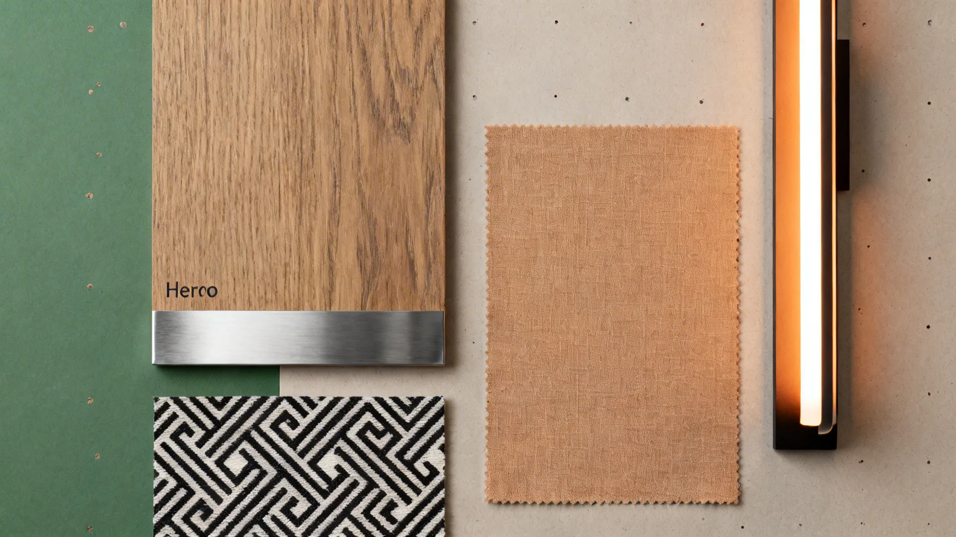 Flatlay style board with oak, brushed nickel, fabric, bold pattern, and a warm lighting mood strip.