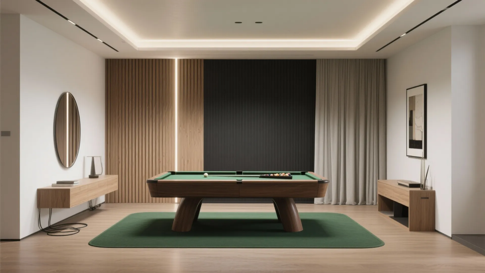 Modern game room featuring a pool table on green rug with wood wall panels and light