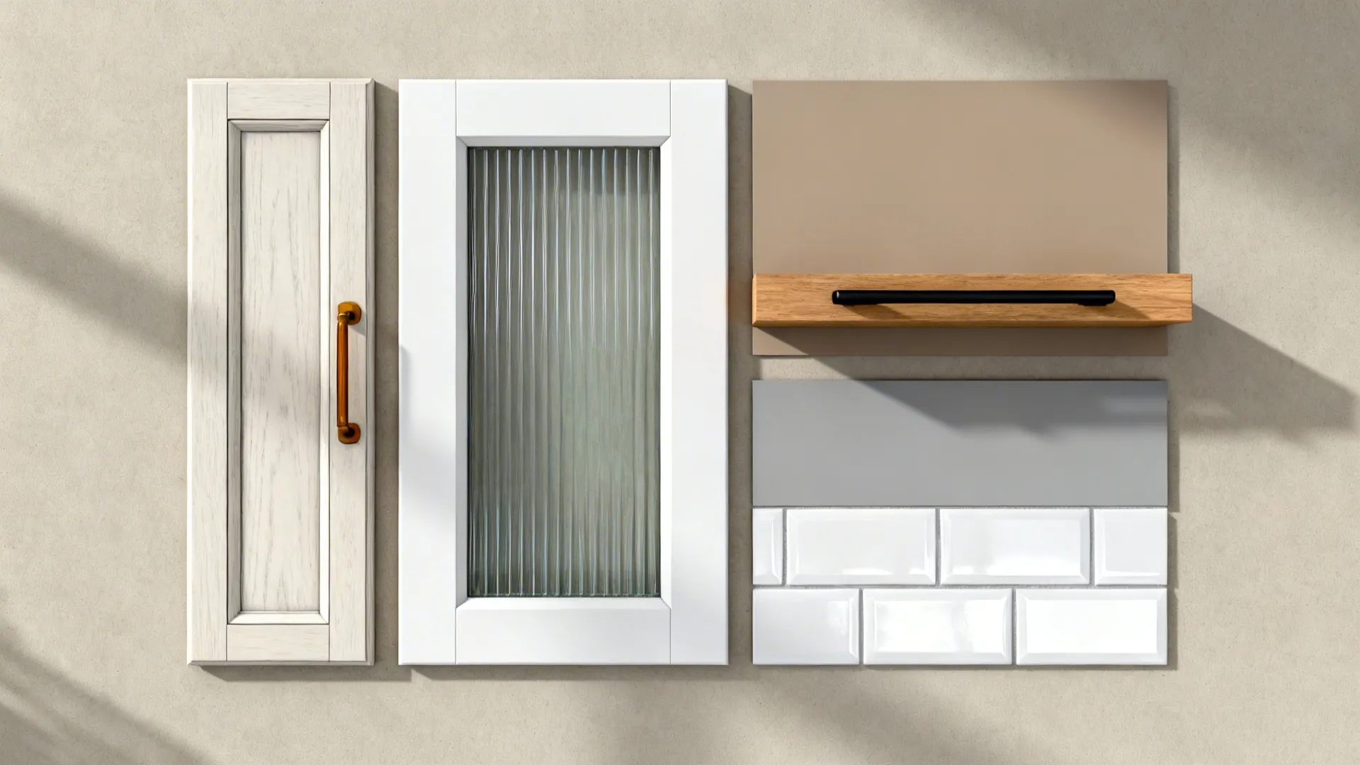 Flat lay of cabinet door samples, glass, tiles, and hardware for four kitchen style combos.