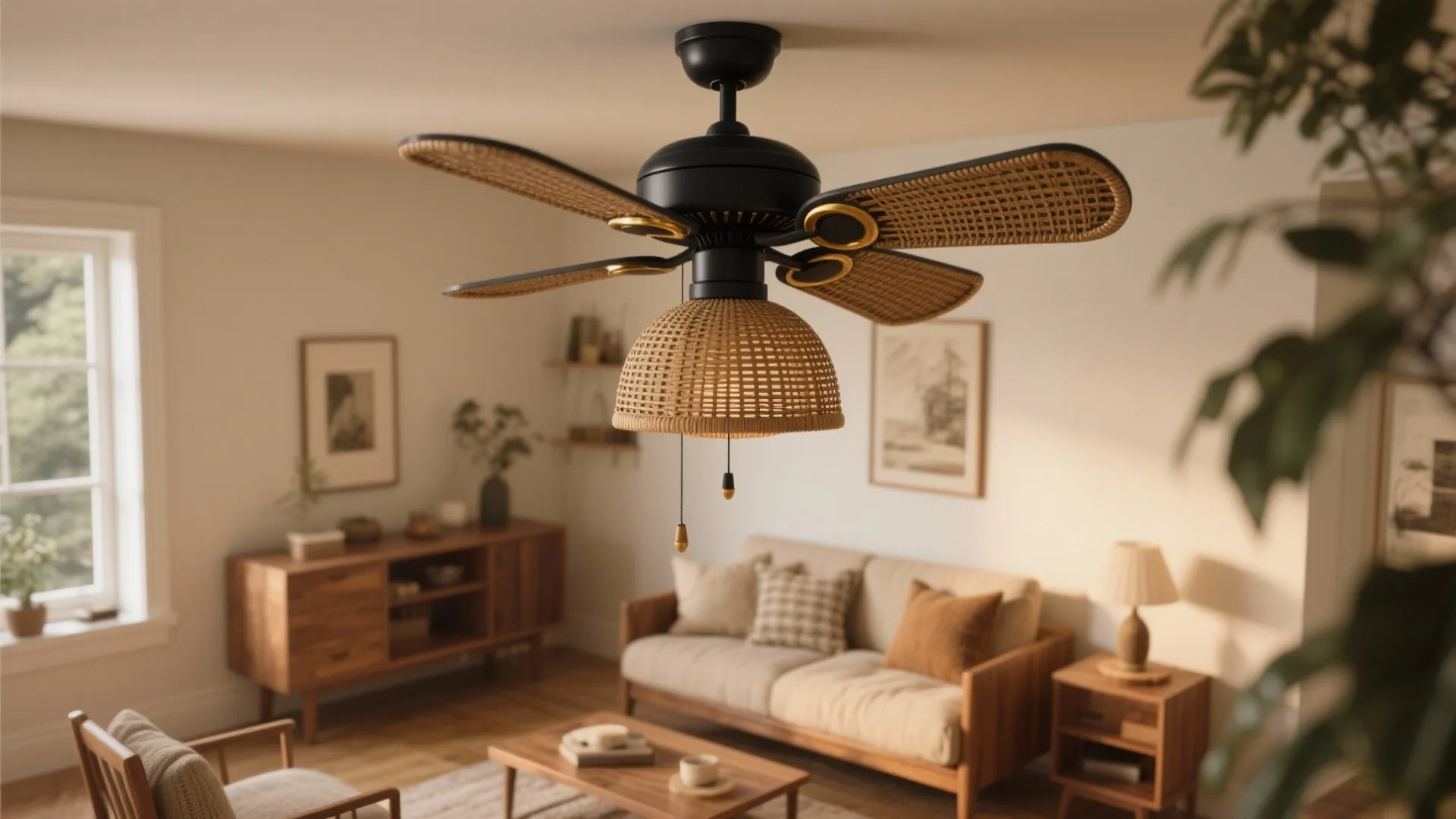 Ceiling fan with woven rattan blades and light shade in a warm living room with sofa