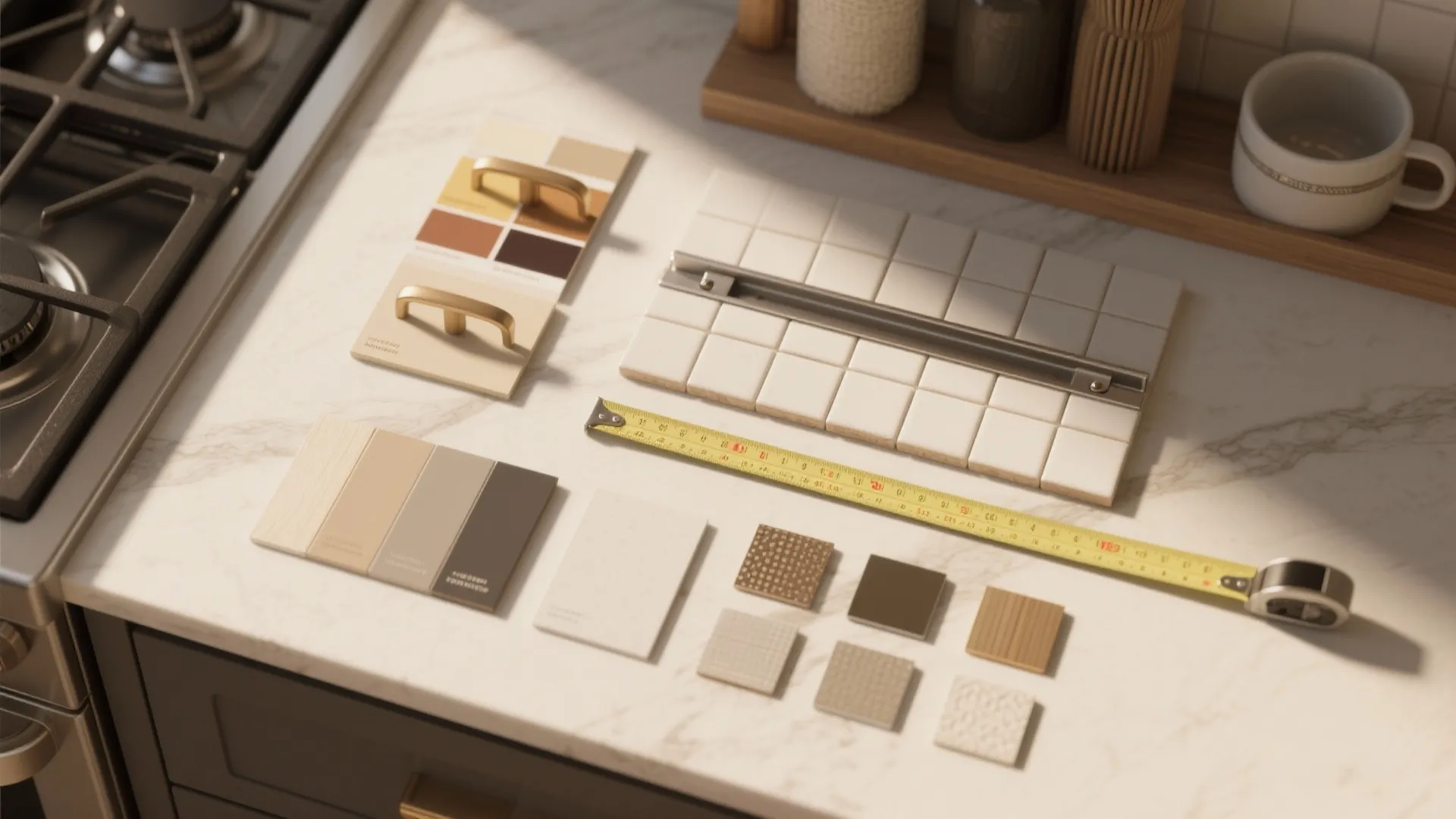 Top-down flatlay of kitchen finish samples, handle swatches and small hardware illustrating styling tips for compact kitchens.