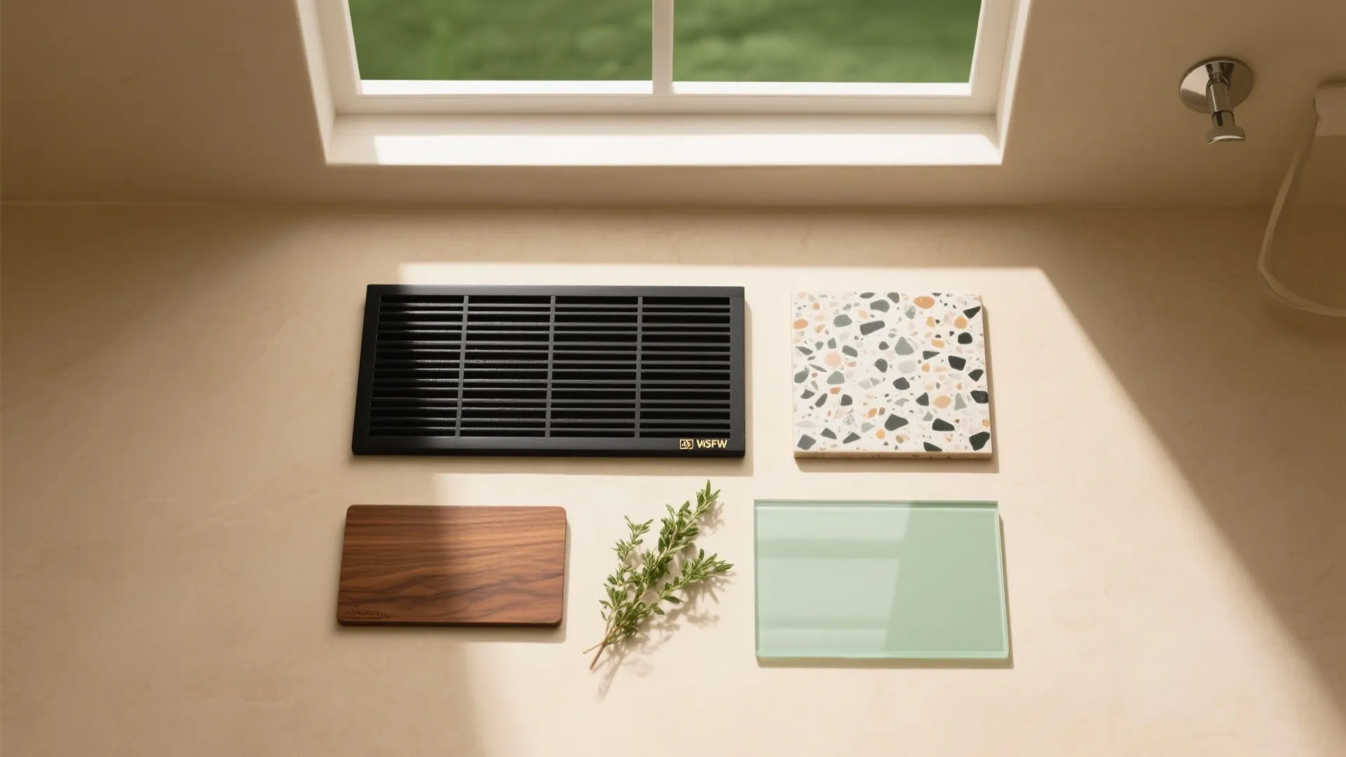 Material board samples showing wood block stone tile glass plate and black vent on neutral table