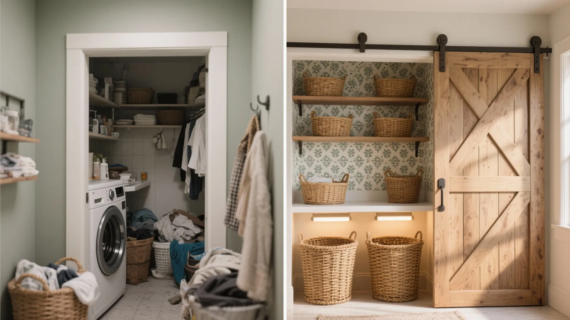 Before and after comparison of a messy laundry room versus an organized storage space with baskets