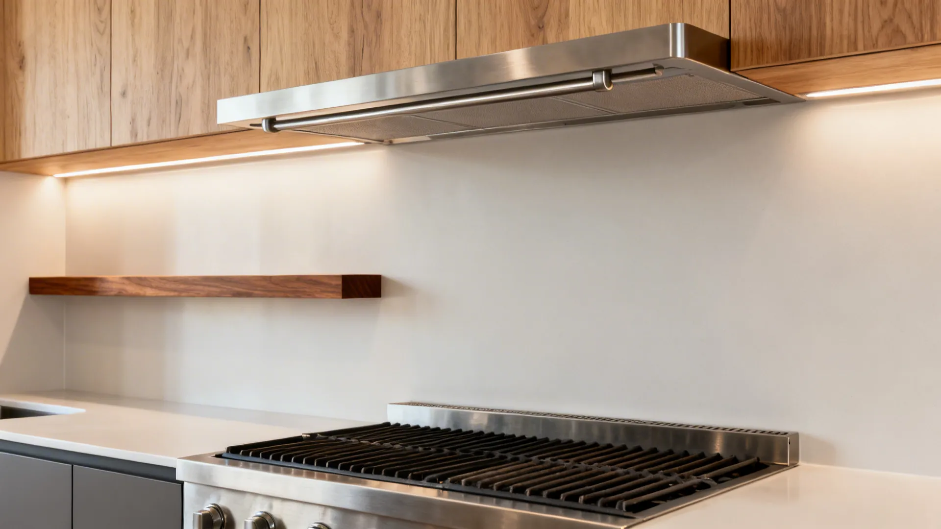 Close-up of a walnut shelf accent and uniform metal finishes under LED task lighting at the grill zone.